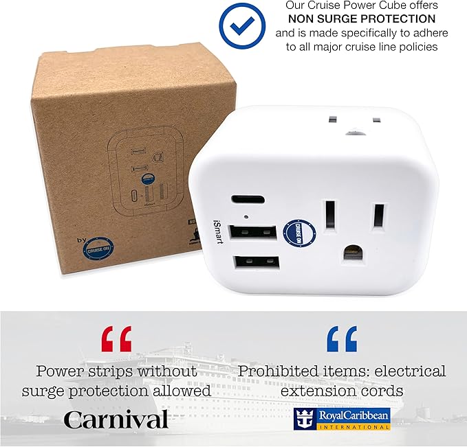 Cruise Approved Power Strip Non Surge Protector for Cruise Ship Multi Plug, 6 Outlets, 2 USB-A, 1 USB-C, & 3 AC Outlet for Carnival, Celebrity, Princess, Norwegian & Major Lines in 2026 & 2027