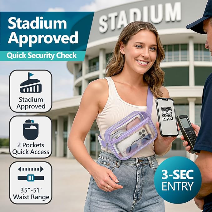 Veckle Clear Fanny Pack Stadium Approved - Plus Size 35-51 Inch Adjustable Strap Transparent Belt Bag for Women Men Fits 7.5" Smartphone, Crossbody Clear Bag for Stadium Events Sports Concerts, Purple