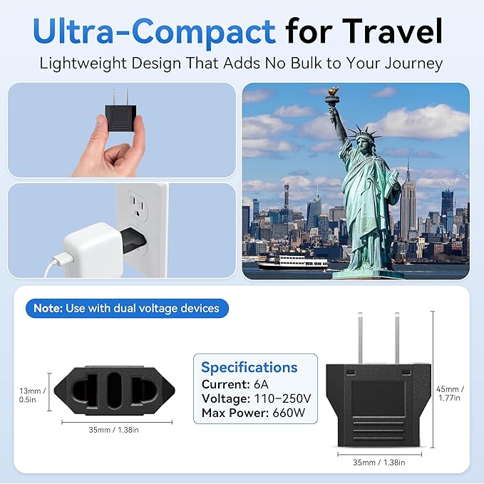 Unidapt US Canada Mexico Travel Plug Adapter, European to US Plug Adapter, Universal Outlet Adapters, 2-Pack EU to US Adaptor, Europe to USA, Type A Pin Converter, Black