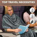 Tirrinia Travel Blanket and Pillow Set, Soft Compact Airplane Blanket with Foot Pockets, 4-in-1 Travel Essentials for Women Men, Portable Travel Gifts for Her, Travel Blanket for Airplanes, Cars