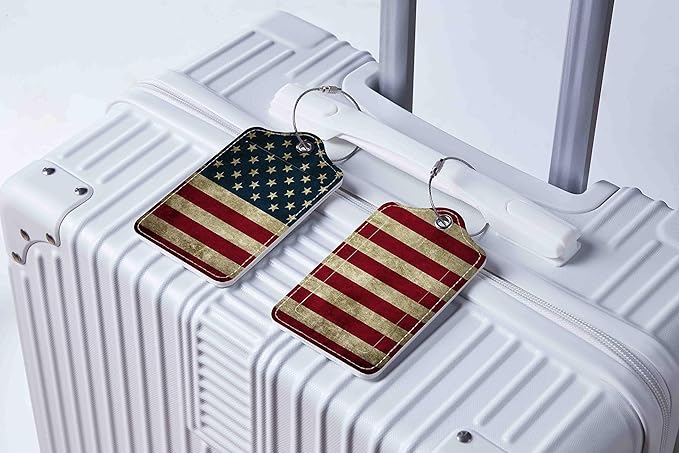 Luggage Tags for Suitcases, 2 Pack Cute PU Leather Suitcase Tag Identifiers TSA Approved with Stainless Steel Loop and Address Card for Baggage Tag for Travel Essentials Flag, by Chelmon