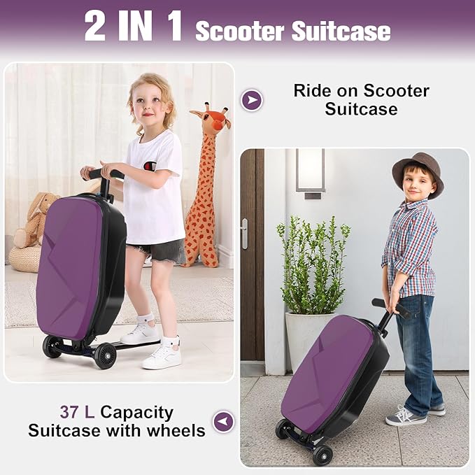 smilesun Scooter Luggage For Kids & Adults， Hardside Ride On Suitcase For Kids Ages 4-15 Multifunctional Lightweight Foldable Carry On Luggage With Wheels Ride On For Children Teenagers（Purple）