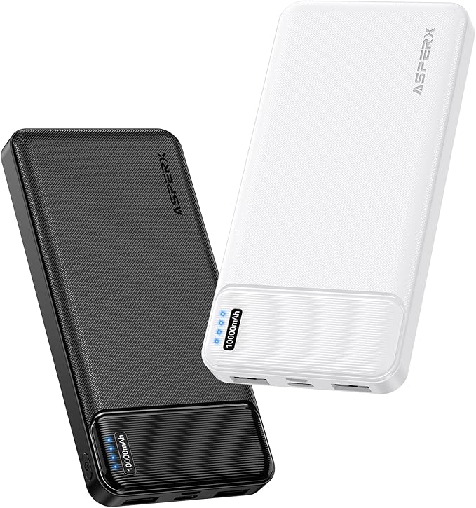 AsperX 2 Pack 10000mAh Portable Charger,USB C Fast Charging Power Bank Input & Output,Travel External Battery Pack Compatible with iPhone Samsung Android Phones,Heated Vest,Black and White