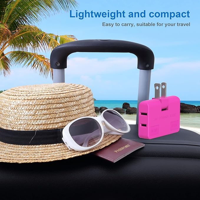 ETwinCoo 3 Way Flat Wall Plug Extender AC Adapter - 2-Prong Swivel Mini Multi Plug Outlet, Rotatable Socket (Quick & Easy Install) Perfect for Home and Travel, Type A, Rose Red (2 Pack)