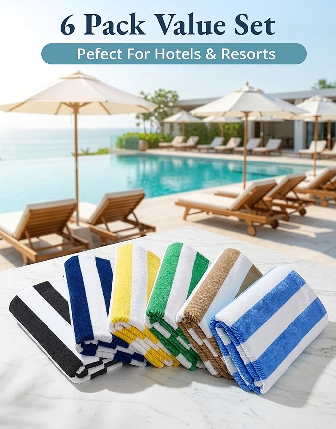 LANE LINEN Beach Towels 6 Pack - 520 GSM 100% Cotton Pool Towel for Adults – (30" x 60") Beach Towel Oversized, Thick & Highly Absorbent - Soft, Comfy & Quick Dry Cabana Stripe Large Towel - Coastline