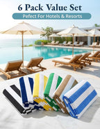 LANE LINEN Beach Towels 6 Pack - 520 GSM 100% Cotton Pool Towel for Adults – (30" x 60") Beach Towel Oversized, Thick & Highly Absorbent - Soft, Comfy & Quick Dry Cabana Stripe Large Towel - Coastline