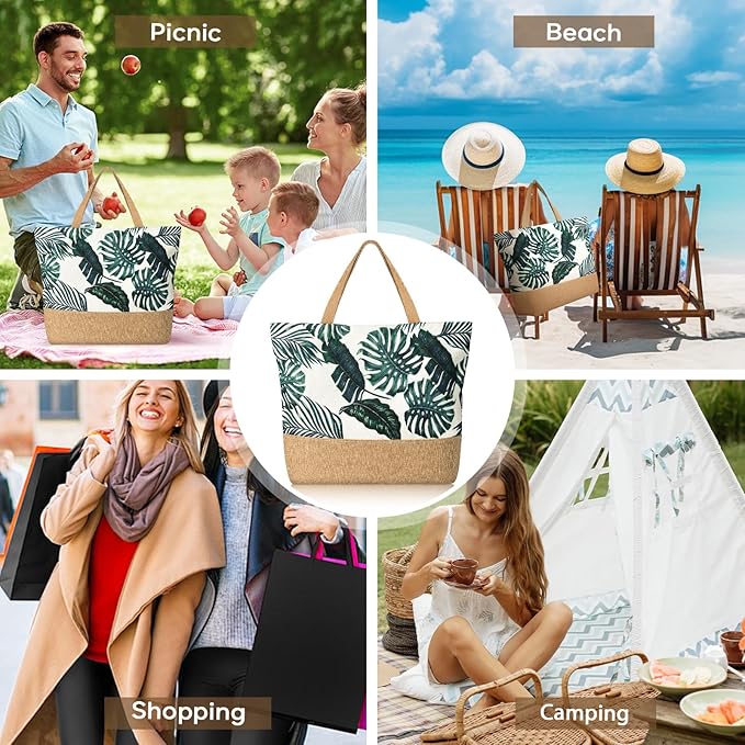 Trifabricy Beach Bag for Women, Large Beach Tote Bags with Zipper, Woven Straw Tote Waterproof, Swim Gym Shopping Travel Bag