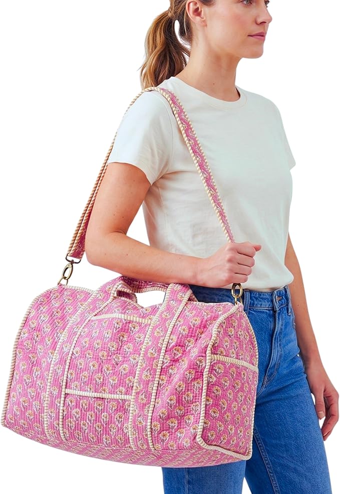 ATOSII Large Duffle Bag, Handblock Print 100% Quilted Cotton for Overnight Trip, Travel Weekender, Luggage, 2 Pockets with Zipper, 1 Front Pocket, Detachable Long Strap, 20 X 10 X 12 Inches, Berry