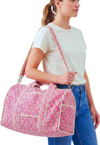 ATOSII Large Duffle Bag, Handblock Print 100% Quilted Cotton for Overnight Trip, Travel Weekender, Luggage, 2 Pockets with Zipper, 1 Front Pocket, Detachable Long Strap, 20 X 10 X 12 Inches, Berry