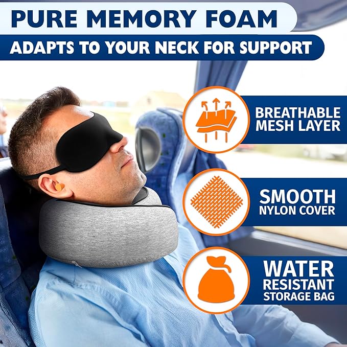 Travel Neck Pillow – 4-in-1 Set | Adjustable Memory Foam Airline Pillows for Sleeping on Long Flights, Earplugs, Eye Mask, & Cover | Cotton Cover, Hook-and-Loop Closure – Car and Train Use, G-Shaped