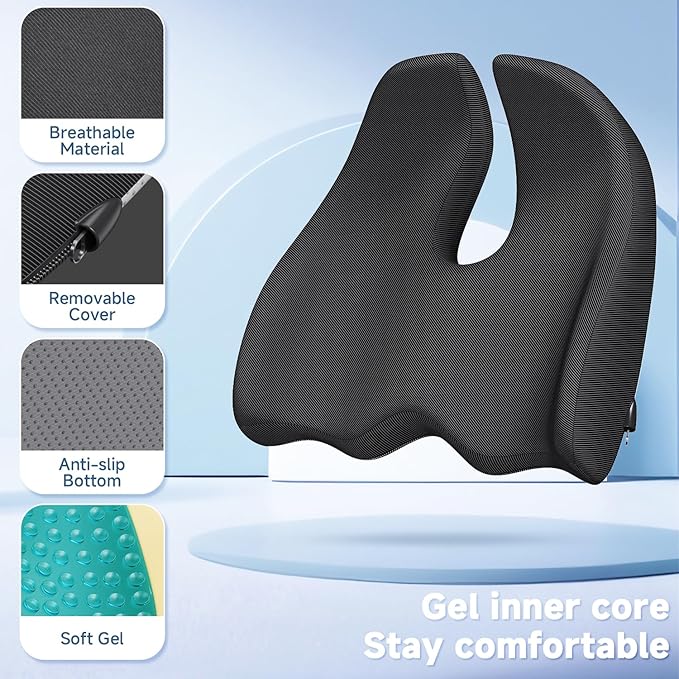 Benazcap Large Cooling Gel Seat Cushion for Office Chair Ergonomic Cushions-Gel & Memory Foam Coccyx Butt Pillow for Sciatica & Back Pain Relief for Long Sitting for Gaming Chair and Car Seat-Black