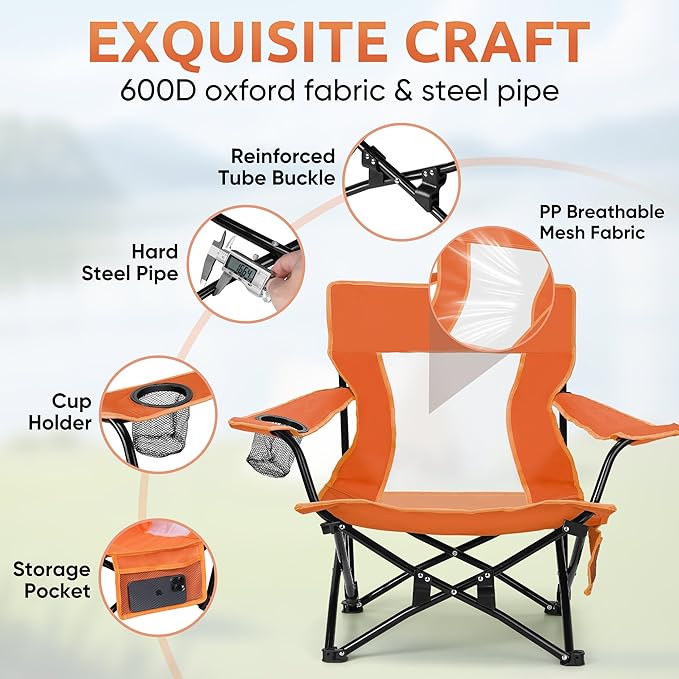 HaSteeL Folding Beach Chair Set of 2, Foldable Orange Camping Chairs for Outside, Low Beach Chair Portable for Adults Fishing, Picnic, Outdoor BBQ, Travel, Sports, Cup Holder & Storage Bag