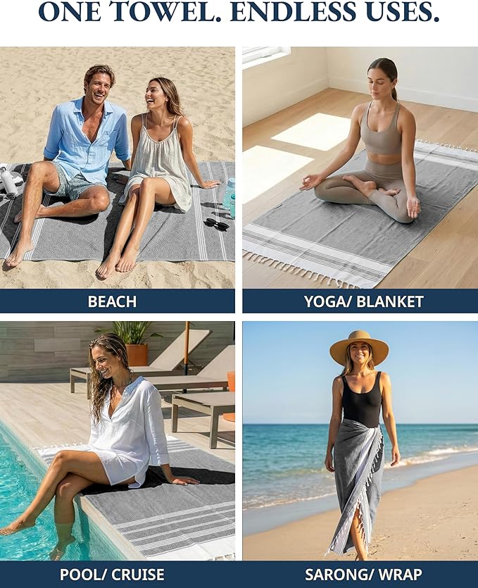 LANE LINEN Beach Towel, 2 Pack Beach Towels Oversized, 39"x71", Quick Dry Pool Towels for Adults, Absorbent Sandproof, Lightweight Travel Beach Towel - Ebony