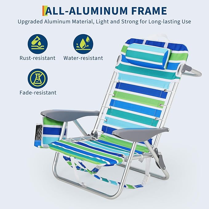 GarveeLife Backpack Beach Chair for Adults 2 Pack, Lightweight Portable Lay Flat Folding Beach Chair with 5 Positions, Backpack Straps, Phone Pocket, Cup Holder & Towel Bar, Support to 300 LBS