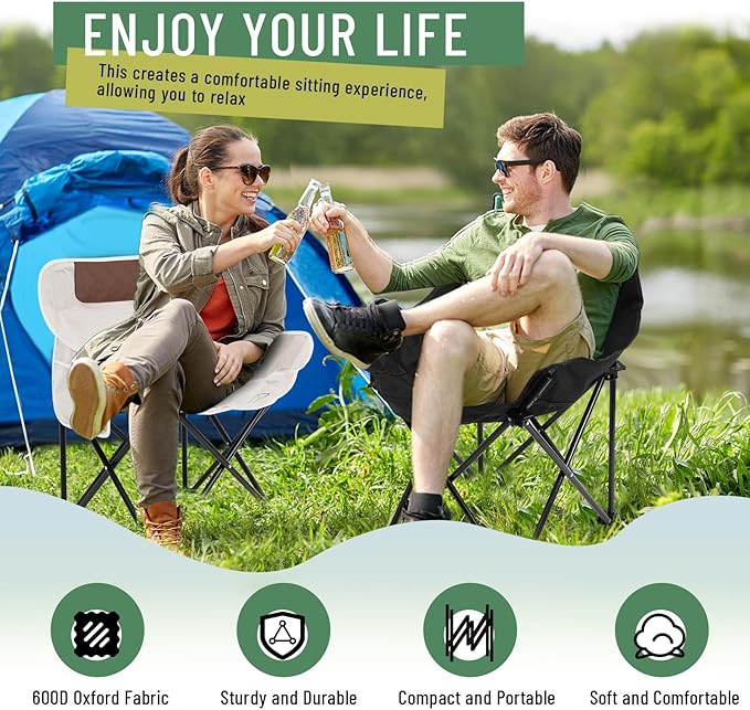 2 Pack Compact Camping Chairs Portable Folding for Outside with Carry Bag Lightweight Moon Chairs for Travel Picnic Hiking Beach Fishing, 600D Oxford, Supports 330lbs(White, Black)