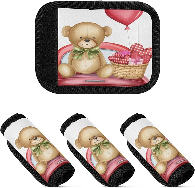 4 Pack Valentines Bear Luggage Handle Wrap, Detachable Luggage Tag, Neoprene Suitcase Wrap with Comfort Grip & Bright Identifier for Suitcase, Travel Bag, Sports Bag