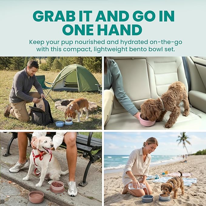 KindTail Dog Travel Bowls - Set of 2 Portable Pet Food & Water Dishes with Lid & Handle - Each Nesting Container Includes a Non-Slip Silicone Base - Microwave & Dishwasher Safe - BPA & Toxin-Free