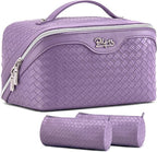 BOYATU Travel Makeup Bag Cosmetic Bags for Women: Large Capacity 3 Pcs Set Make up Bag with Compartments - Waterproof Vegan Leather Toiletry Organizer Bags with Handle (L01 Purple)