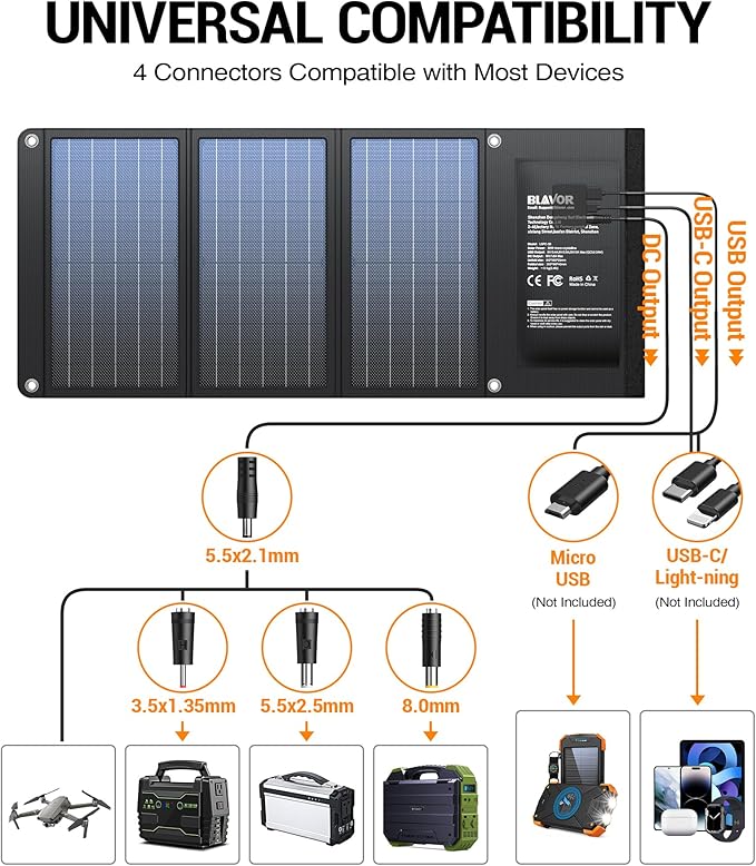BLAVOR 10W Plus 30W Solar Charger, Foldable Solar Panel for Camping, IPX4 Waterproof, Solar Battery Charger Compatible with Solar Generators, Phones, Tablets