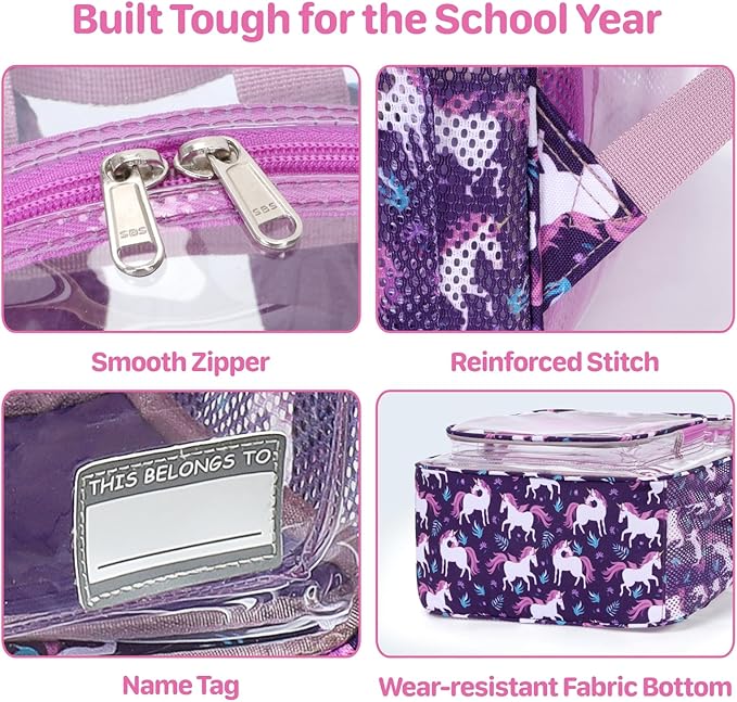 Bagseri Clear Backpack for Girls - 15 Inch Heavy Duty Kids Clear Bookbag for Kindergarten to Grade 2, Transparent School Bag with Reflective Strip, Fits Folders, Deep Purple Unicorn