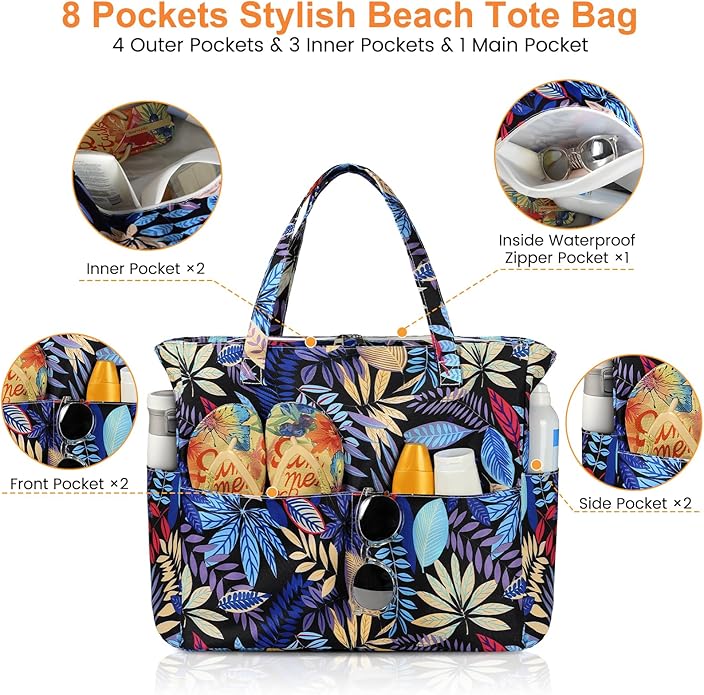 Trifabricy Beach Bags for Women Waterproof Sandproof Women Tote Bag, Large Beach Bag with Zipper for Gym Travel Vocation