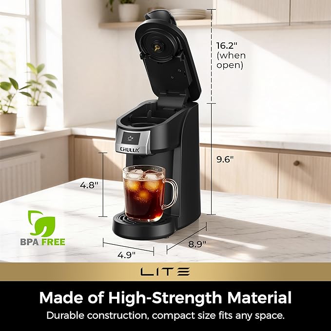 CHULUX Lite Single Serve Coffee Maker for K Cup Capsules, Single Cup Reservoir Coffee Maker with One Touch Brewing, 5 to 12 Oz Brew Sizes, Designed Specifically for Standard Mugs, Black