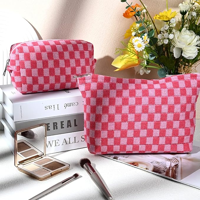 SOIDRAM 2 Pieces Makeup Bag Large Checkered Cosmetic Bag Capacity Canvas Mix Travel Toiletry Bag Organizer Cute Makeup Brushes Aesthetic Accessories Storage Bag for Women, Checkered Mix Rose Red