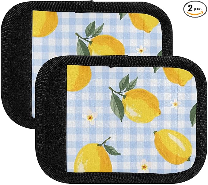 Lemon Blue Grid Luggage Handle Wrap for Suitcase Luggage Tags Handle Covers Identifiers Soft Decorations Travel Accessories 2 Pack