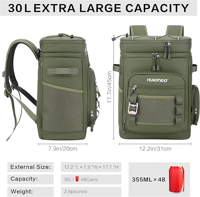 Hulongo Large Waterproof Insulated Cooler Backpack for Men & Women, Leak Proof Cooler Backpack for Camping, Beach, Fishing, Picnic, Travel, Outdoor, 30L, 48Cans