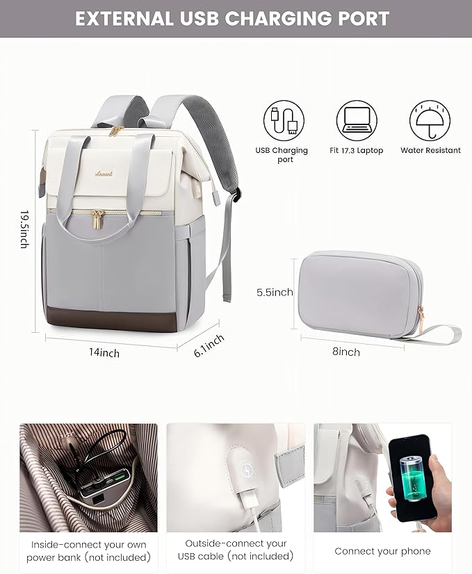 LOVEVOOK 17.3 Inch Laptop Backpack for Women, Large Capacity Travel Backpack with Organizer Bag, Waterproof Carry on Backpack Work Bag with USB Port, Teacher Nurse Backpack Purse,2PCS,Beige-Light Grey