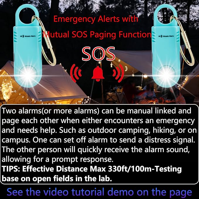 135dB Rechargeable Mutual SOS Paging Personal Alarm Non Slip Grip Keychain Siren for Women. Built-in Ultra-Bright Flashlight. Emergency Alerts Loud Sound Hiking Bear Alarm. Aqua