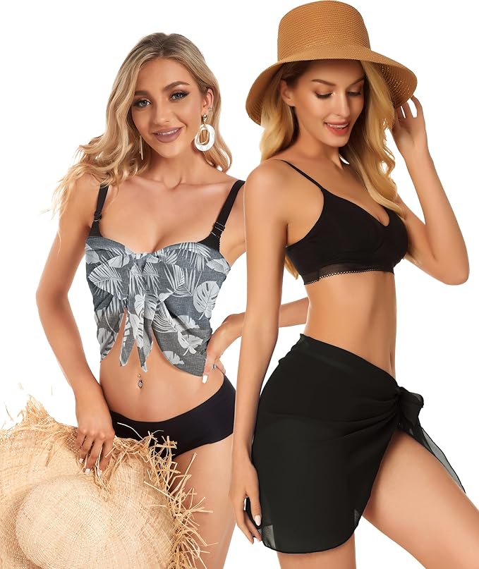 CHICGAL 2 Pieces Women Beach Sarong Bathing Suit Wrap Skirt Sheer Bikini Swimsuit Cover Ups for Swimwear