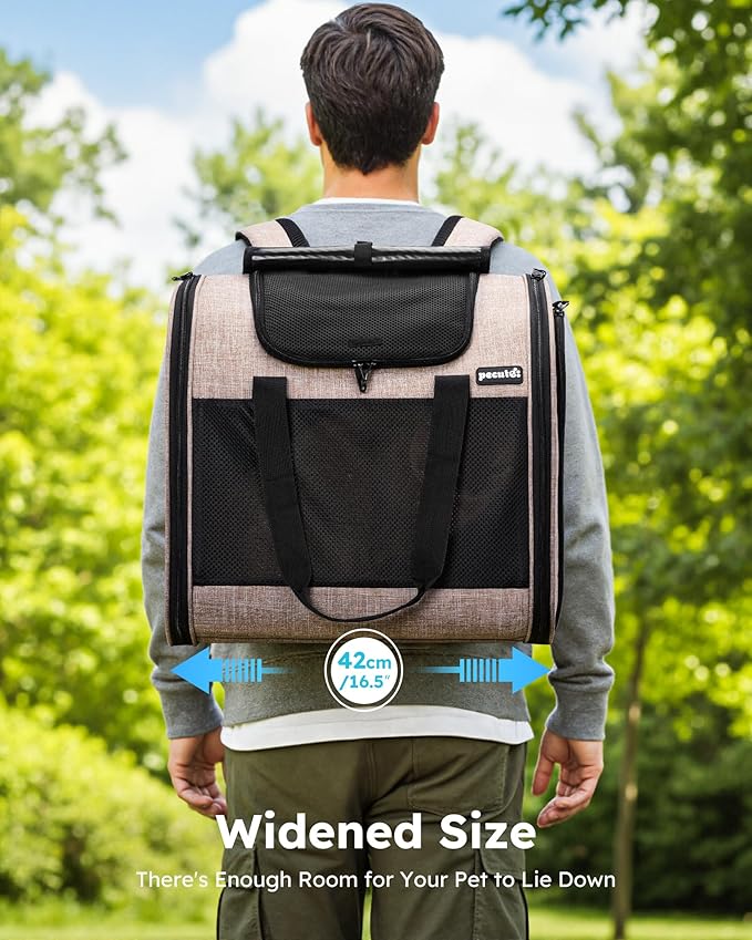 Pecute Cat Backpack with Widened Interior Space, Upgraded Dog Backpack Carrier with Various Ways to Carry, Pet Backpack with Breathable Mesh, Pet Travel Carrier with Soft Padded,Khaki