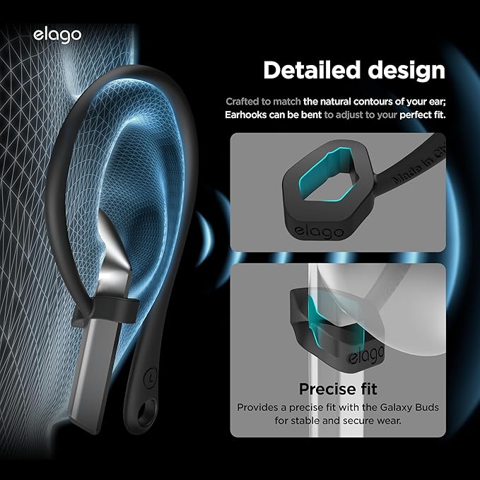 elago Ear Hooks Designed for Samsung Galaxy Buds 3 &Galaxy Buds 3 Pro Earbuds Accessories, Anti-Slip, Ergonomic Design, Comfortable Fit (Black)