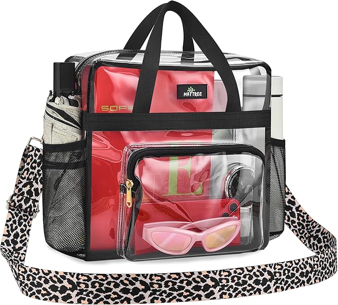 MAY TREE Clear Bag for Stadium Events, 12x6x12 Clear Tote Bag with Removable Strap, Transparent Bag for Concert Sports Gym, Leopard-Strap