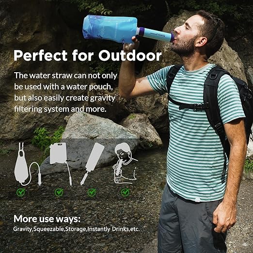 Membrane Solutions Squeezable Water Filtration System, Survival Water Purifier Kit, Portable Backpacking Gear Including Water Filter Straw and 23oz Collapsible Bottle for Hiking Camping Travel(1+4)