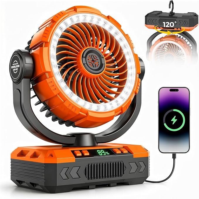 Rechargeable Camping Fan with Oscillating,【Max 60Hrs】Portable Battery Powered Operated Fan,20000mAh Outdoor Turbo Tent Fan & Light,Timer,Hook for Travel,Fishing,Jobsite,Beach,Indoor,Camping Essential