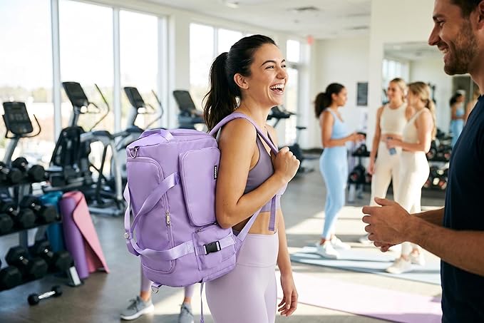 Eslcorri Gym Duffle Bag for Women Men, Sports Backpack with Wet & Shoe Compartment, Fitness Overnight Weekender Bag for Yoga, Swim, Travel (Style B, Light Purple)