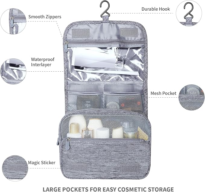 Lcsmaokin Large Capacity Toiletry Bag Travel Bag with Hanging Hook for Men and Women Waterproof Travel Cosmetic Bag Bathroom Storage Bag for Brushes Set,Full-Sized Shampoo,Toiletries,Accessories-Grey