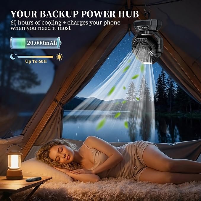 AJVV Camping Fan with Light, Remote and Oscillation, Battery Powered Hanging Tent Fan, Rechargeable Portable for Camp, Outdoor, Emergencies, Fishing, RV Travel, Jobsite