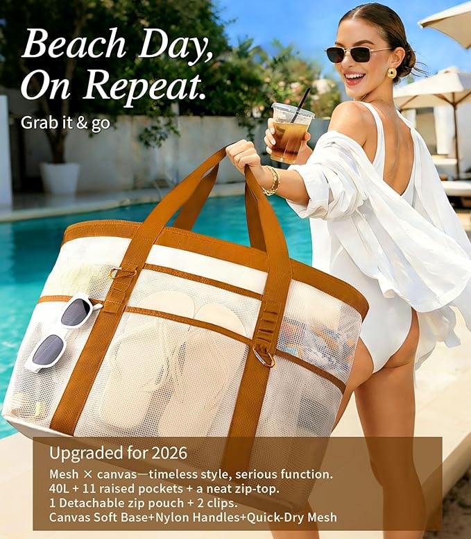 2026 Stylish & Spacious XX-Large Beach Bag for Women – Mesh × Canvas Tote with Top Zipper, 11 Tall Pockets | 40L+ Spacious, 11 Tall Pockets, Zipper Pouch, Secure Zip-Top, Sand-Resistant Base
