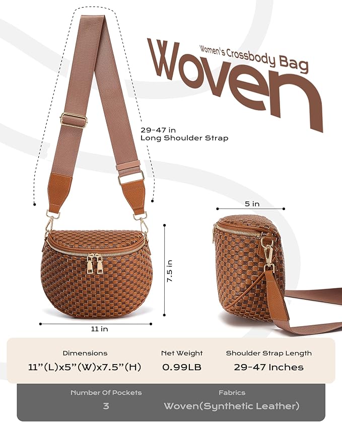 Trendy Woven Checkered Crossbody Bum Bag for Women，PU Leather Checkered Purse Fanny Packs Belt Bag (Woven Bum Bag - Brown Coffee)