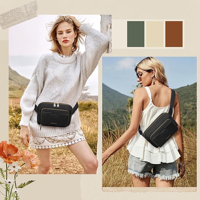 RAINSMORE Fanny Packs for Women, Leather Belt Bag Waterproof Everywhere Crossbody Waist Pack with Adjustable Strap Retro Sling Chest Bag for Work Running Travel Party, Black