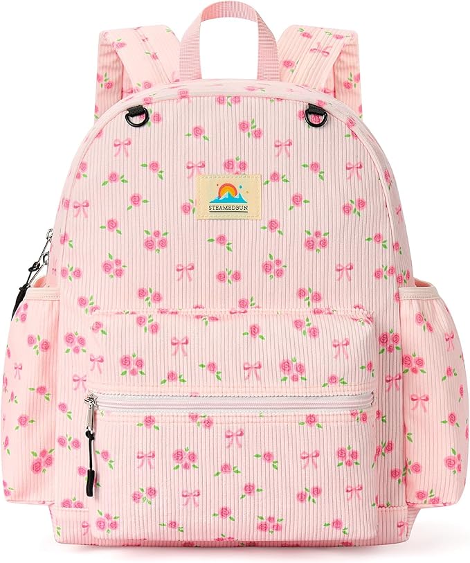 STEAMEDBUN Corduroy Kids Backpack for Girls and Boys 5-8: Girls Backpack for Elementary Kindergarten - 15 inch Cute Backpacks for Kids - Rose