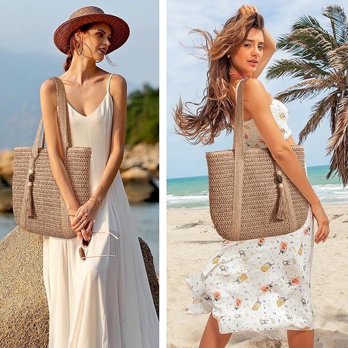 Beach Bags for Women - Straw Bag with Zipper, Soft Woven beach bag, Casual Straw Shoulder Bag for Daily Use