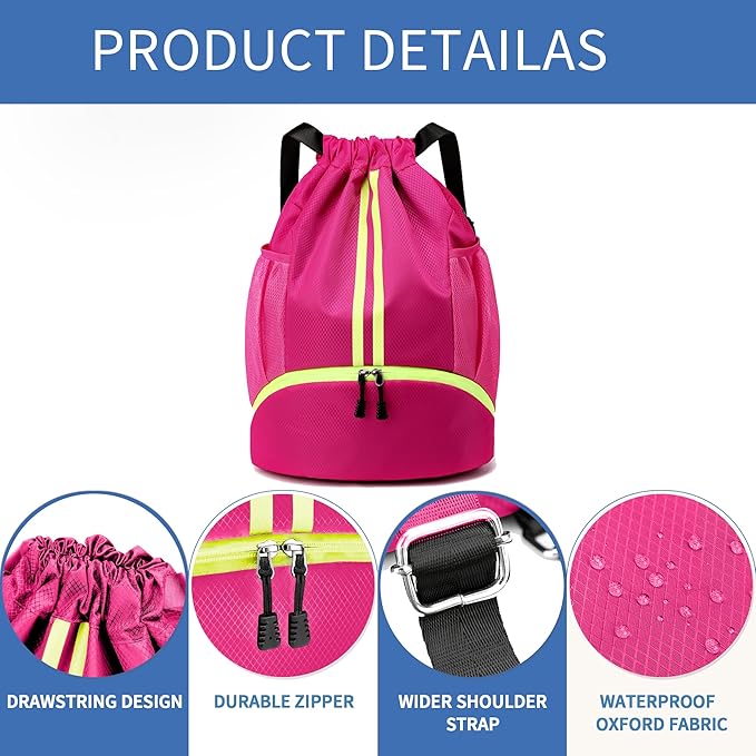 JELUTAR Drawstring Backpack Gym Bag with Shoes Compartment for Soccer, Basketball, Swim, Water-Resistant String Backpack Beach Cinch for Women Men, Rose