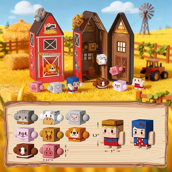 GobiDex Magnetic Farm Figures Set with Animals & People, Portable Tin Box for Role Play & STEM Education, Travel Toy Compatible with Magnet Building Blocks for Kids 3+