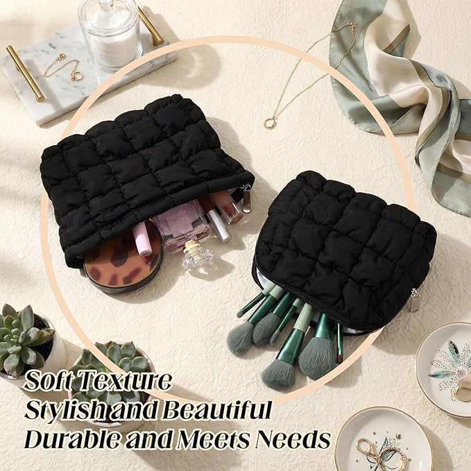 Huhumy 2 Pcs Puffy Makeup Bag Quilted Cosmetic Pouch for Women Cute Checkered Travel Toiletry Bag Puffer Makeup Organizer Purse Pouch Preppy Pencil Case with Zipper(Black)