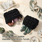 Huhumy 2 Pcs Puffy Makeup Bag Quilted Cosmetic Pouch for Women Cute Checkered Travel Toiletry Bag Puffer Makeup Organizer Purse Pouch Preppy Pencil Case with Zipper(Black)