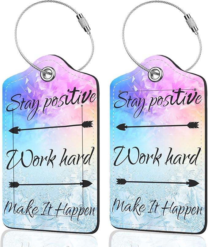 2Pack Luggage Tags for Suitcases, Cute Unique Pu Leather Cruise Luggage Tag with Privacy Cover ID Label Address Card and Metal Ring Suitable for Women Men Kids Travel Bag Stay Positive